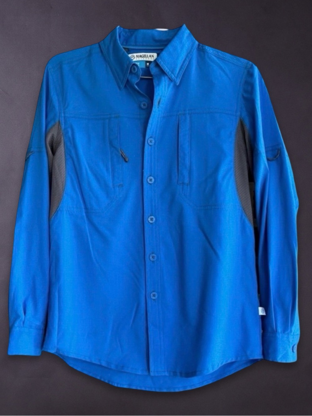 Boys Magellan Outdoors Fish Gear Button Up Fishing Shirt Medium Blue Long Sleeve